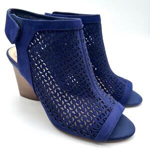Vince Camuto Dastana Royal Blue Perforated Suede Leather Peep Toe Sandal Heels 7